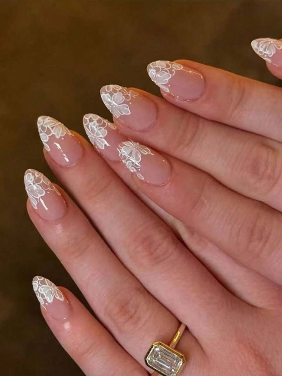 30片短款杏仁形白色法式穿戴甲,3D浮雕印花蕾絲花卉法式設計,壓克力假指甲套組,含1片果凍膠與1片指甲锉 - 彩色 - 查看 1