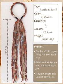 Vintage Plush Maillard Color Palette Colorful Long Tassel Ribbon Headband, Braided Headband, Bohemian Style Women's Hair Accessory - Multicolor - View 4