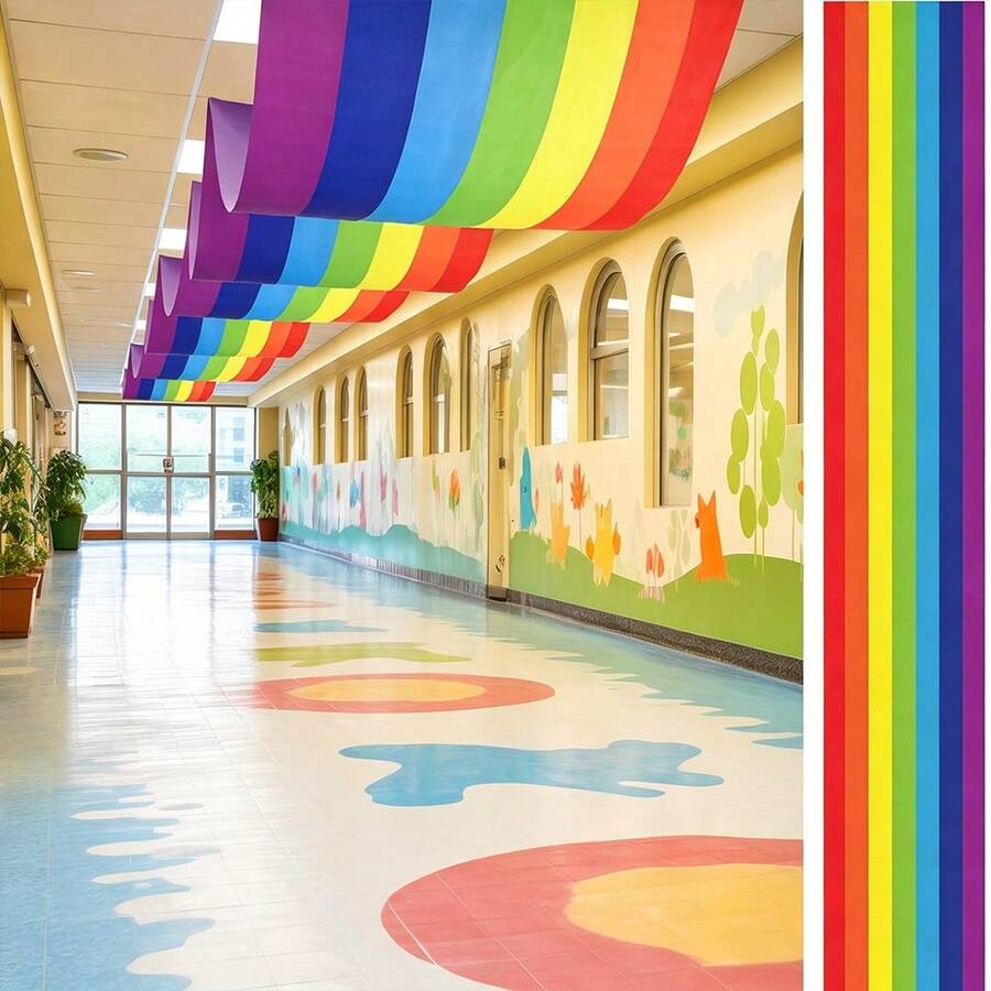 AFYPRTY 1pc Colorful Rainbow Polyester Ceiling Decorative Swags Lightweight Reusable Fabric Drapes For School Hallway Wedding Birthday Party Decoration