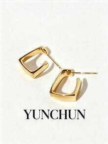YUNCHUN 1 Pair Minimalist Gold C-Shaped Geometric Hoop Earrings, Versatile Studs For Women's Daily Commute - Gold - View 2