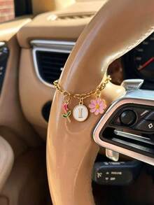 Elegant Letter Car Steering Wheel Pendant, Gold-Plated Chain With Tulip And Daisy Charms, Car Interior Decoration, Car Accessories, Travel Companion - Steering Wheel Decorative Chain - View 3