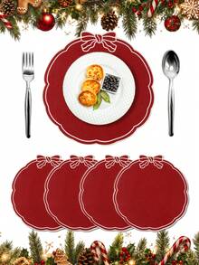 4pcs Red Christmas Linen Placemats, Red Bow Design, 38cm Diameter Round Table Mats, Holiday Party Table Decor, Holiday Tabletop Accessories, Home Kitchen Decoration, Merry Christmas Decoration - Christmas a - View 4