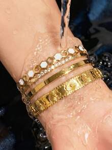 1/3pcs Fashionable Stainless Steel Women's Bracelet Set, 18K Gold Plated, Non-Fading, Waterproof, Sweat-Resistant, Geometric Design, Minimalist High-End Jewelry, Suitable For Daily Commute, Vacation - Gold - View 8