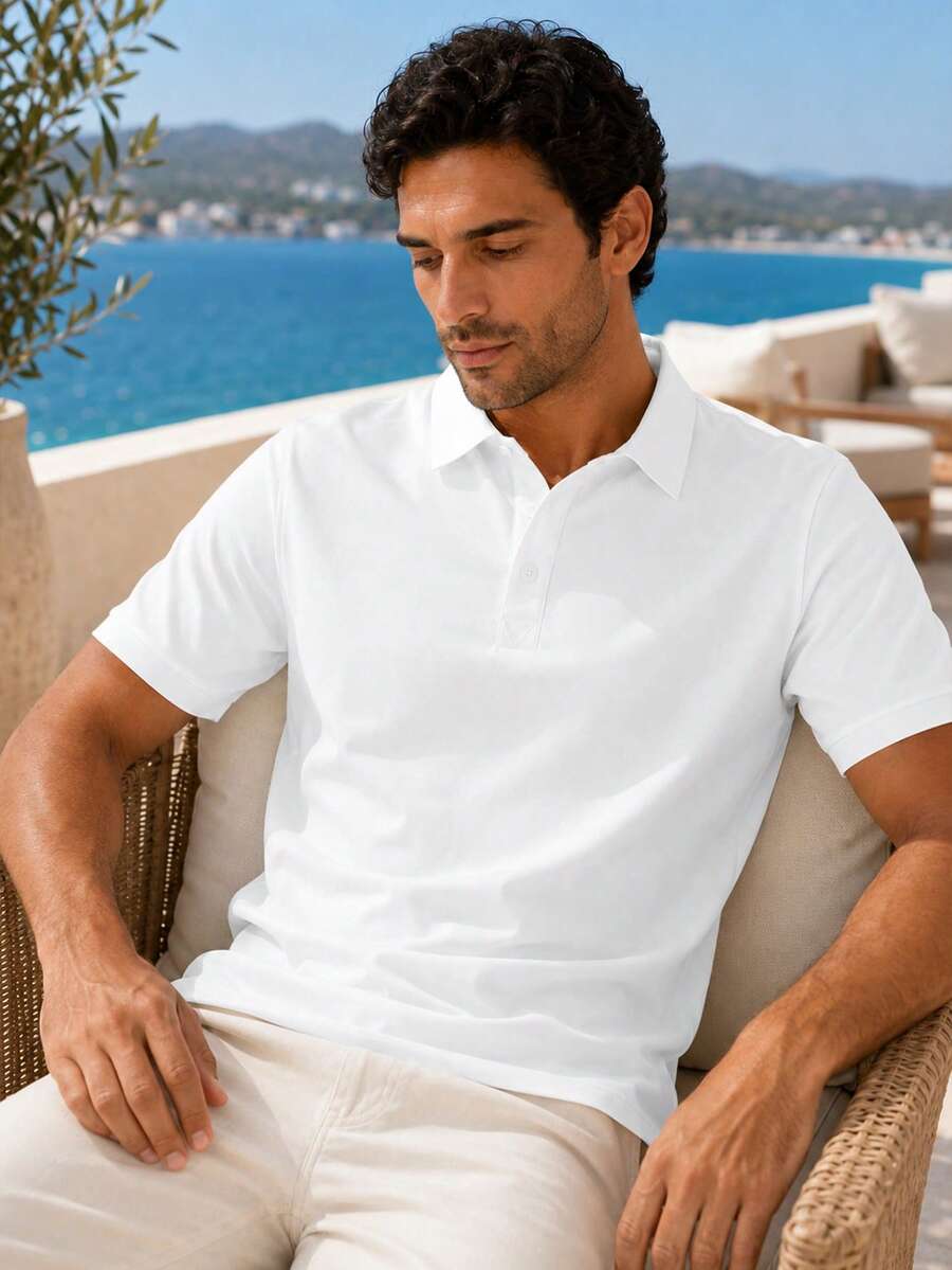 1pc Men's White Polo Shirt, Soft & Skin-Friendly, Minimalist Casual Vacation Style, Machine Washable, Suitable For Holiday, Light Business, Yacht, Dining - White - View 1