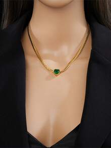 RAYQUEEN "Two Green Heart Zirconia Stainless Steel Necklace + Bracelet Set For Women - Perfect Holiday Gift" - Green - View 4