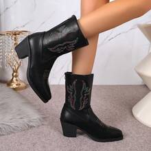 Women's Retro 2026 New Embroidered Western Boots, Chunky Heel, Pointed Toe, Back Zipper, Fashion Ankle Boots For Outdoor Wear - Black - View 14
