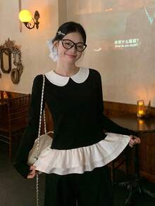 Contrast Color Peter Pan Collar Layered Ruffle Hem Elegant Preppy Style Long Sleeve T-Shirt Top - Black - View 2