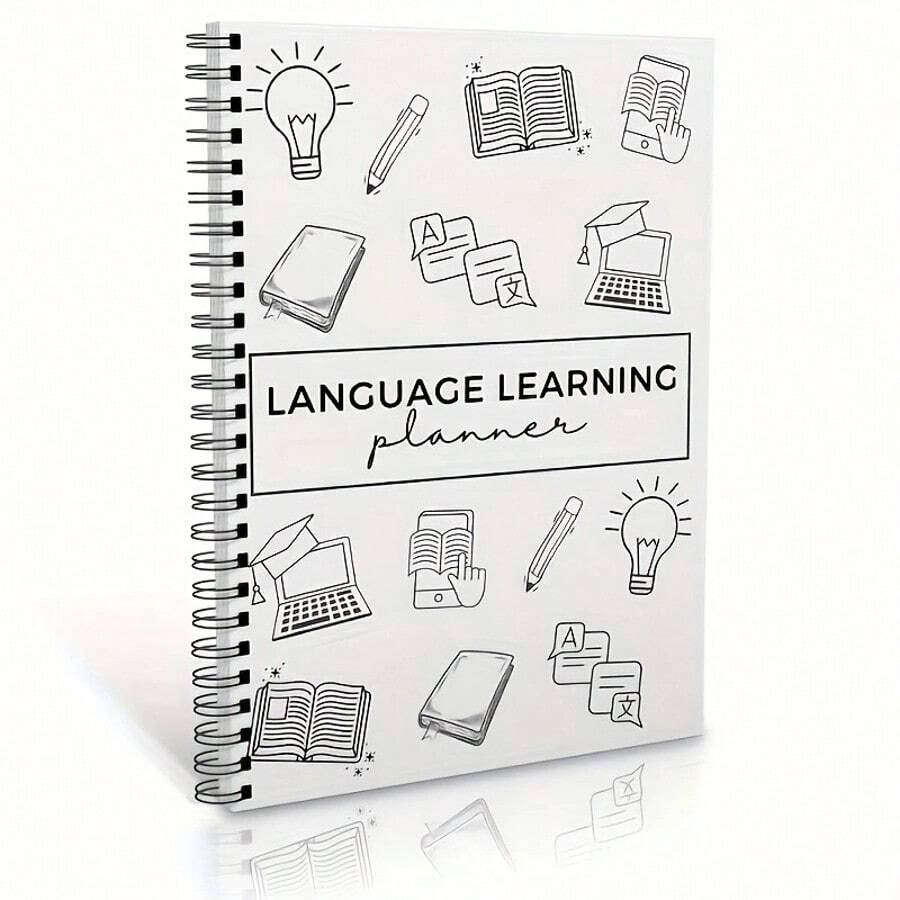 1pc A5 Spiral Coil Notebook, Minimal Line Drawing Language Learning Planner Lined Notepad, Back To School Study Writing Notebook, Language Practice Notepad For Vocabulary Recording & Daily Learning Planning - A5 - View 1