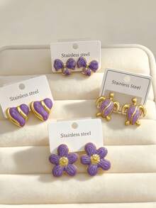 6/3 Pairs Summer Women's Gold Earrings, Fashionable Personalized Earrings. Purple Series, Including Bow, Flower, Turtle, Geometric Shapes. Stainless Steel Material, Low Hypoallergenic. Cute Accessories, Suitable For Women's Daily Wear. Suitable For Summer Travel And Vacation Wear, Best Gift For Family And Friends - Oil Dripping Kit - View 6