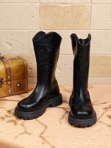 Basic Western Style Tall Riding Boots, V-Shaped Shaft, Non-Slip Thick Sole, Warm Autumn/Winter Fashion Boots For Girls - Black - View 6