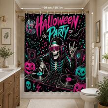 1/4pcs Neon Skull DJ Record Player Pumpkin Pattern Heat-Insulated Home Decor Bathroom Shower Curtain, With 12 Hooks, Suitable For Various Bathroom Scenes, Halloween Music Party Decoration - Skeleton DJ - View 9
