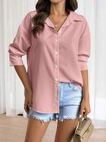 Women's Basic Long Sleeve Woven Shirt, Asymmetric Hem, Classic Collar, Non-Stretch Fabric Top - Pink - View 2