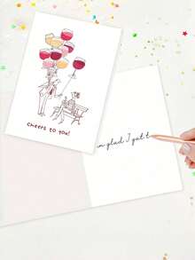 1pc "Congratulations!" Greeting Card With Envelope, Fun Wine Glass & Balloon Design, Blank Inside, Suitable For Birthday, Success & Celebration Occasions - Multicolor - View 2