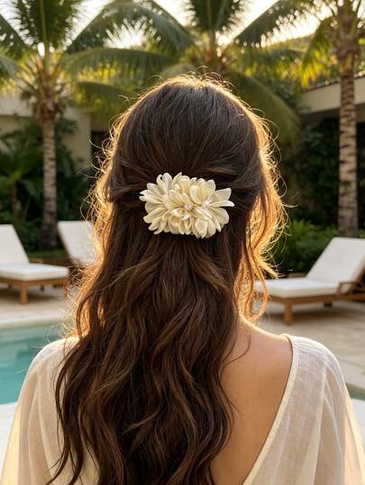1PC Fashionable Pearl Floral Hair Barrettes, Satin Fabric Double Flower Hair Clips, Vintage Elegant Hair Pins For Bridal, Beach Holiday Women Hair Decor