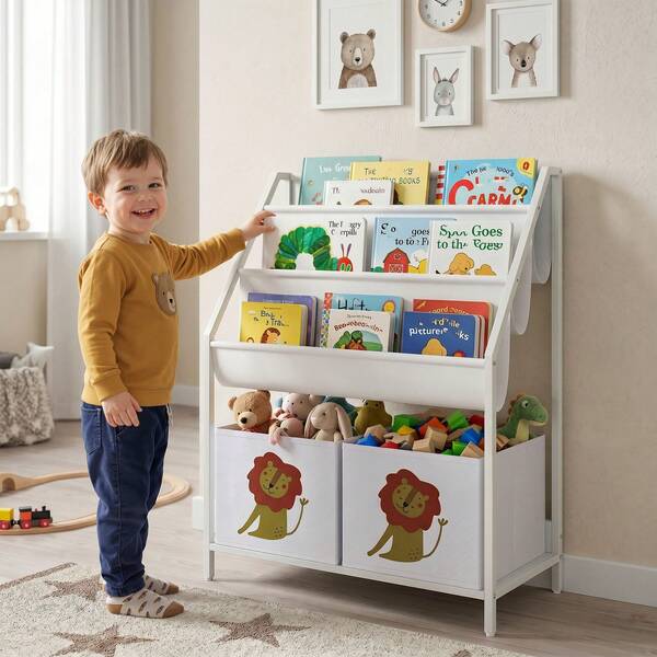 QABA Étagère à livres pour enfants, étagère à 3 niveaux avec rangement pour jouets, organisateur de jouets Montessori avec tiroirs en tissu non tissé pour chambre d'enfant, nurserie, salle de jeux, âges 3-8 ans, blanc