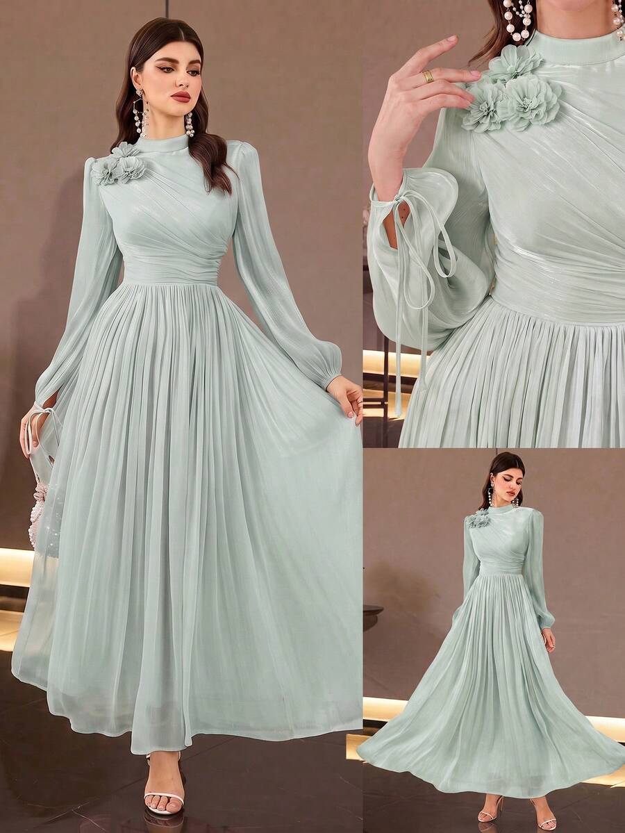 Elegant Women's Long Sleeve Stand Collar A-Line Dress, Decorated With 3D Roses And Pleated Design, Formal Charming Evening Gown Wedding Party Fall - Mint Green - View 1
