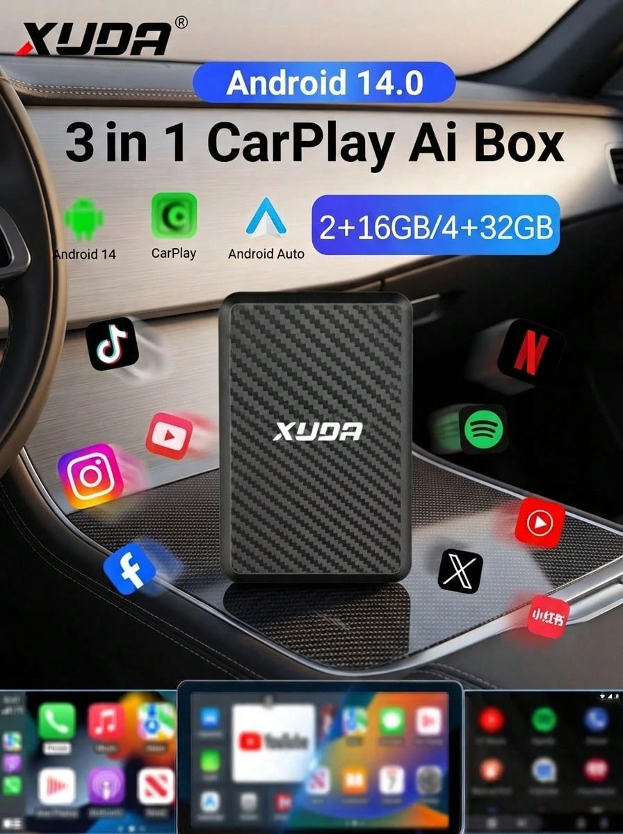 XUDA Nueva Caja Inteligente 3 en 1 Android 14 Inalámbrica CarPlay y Android Auto Núcleo Cuádruple 2GB RAM+16GB ROM/4GB RAM+32GB ROM Soporte de Aplicaciones Integradas Compatible con el 98% de los Vehículos con CarPlay Cableado Original o Android Auto Cableado - A - Ver 1