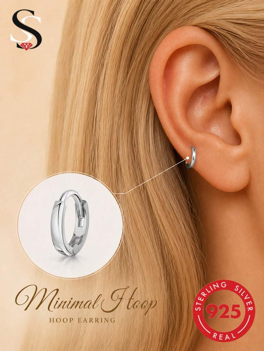 1pc Minimalist Ear Cuff Earring, 925 Sterling Silver Classic Hoop Earring, 18K Gold Plated, Suitable For Daily Wear - Silver - View 1