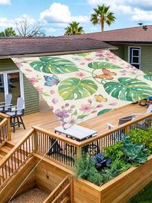 1pc Butterfly And Floral Print Design Sunshade, Outdoor Adventure Sunshade And Canopy, 2D Flat Printed Tent, Washable, Suitable For Garden, Camping, Beach And Other Multiple Scenarios, Comes With 4 Fixing Ropes And 4 Ground Stakes, Frame Not Included - Multicolor - View 8