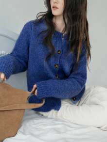 Women's Autumn/Winter Casual Minimalist Solid Color Round Neck, Wool Blend Yarn, Knitted Cardigan Jacket - Blue - View 3