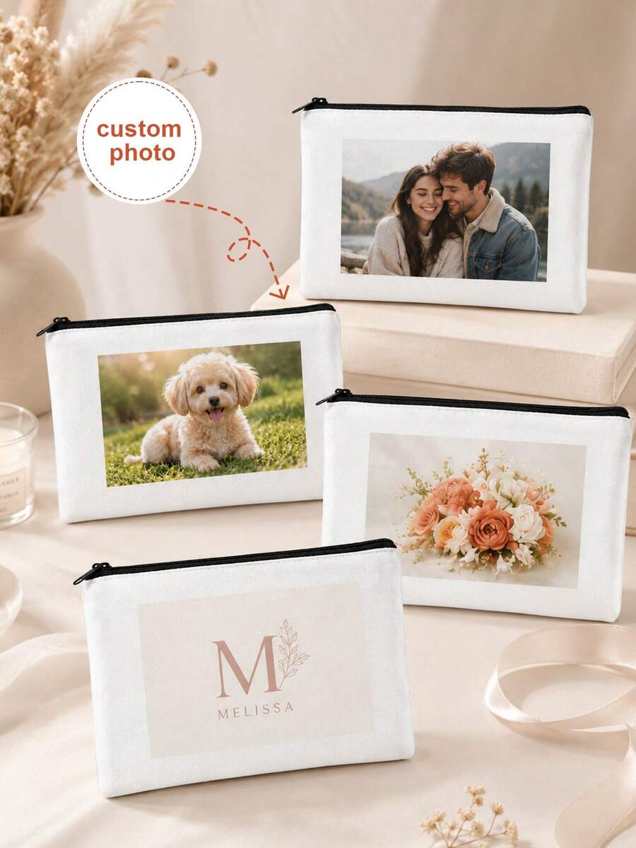 1/10/20/30/50pcs Customized Pattern White Zipper Makeup Bag, Bridesmaid Makeup Bag, Customizable Photo Print Canvas Makeup Bag, Travel Essential - Multicolor - View 1