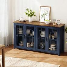 This 160cm Wide Kitchen Sideboard Features Glass Doors, A Large Storage Compartment, A Wood-Effect Worktop, And An Anti-Tip System. This Modern Sideboard Is Suitable For Kitchens, Dining Rooms, And Living Rooms. - Blue - View 5