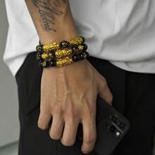Gelang Pi Yao Ganda Obsidian Matte & Emas Pasir Baru, Kekayaan & Perlindungan, Gelang Pi Yao Tahun Zodiak, Hadiah Aksesori Fashion untuk Pria & Wanita - Hitam - View 1