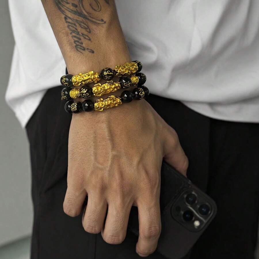 Gelang Pi Yao Ganda Obsidian Matte & Emas Pasir Baru, Kekayaan & Perlindungan, Gelang Pi Yao Tahun Zodiak, Hadiah Aksesori Fashion untuk Pria & Wanita - Hitam - View 1