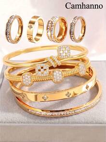 Camhanno 8pcs Creative Stainless Steel Plated 18K Gold Set, Full Diamond Bracelet, Ring, Date Wear Bracelet - Gold - View 7