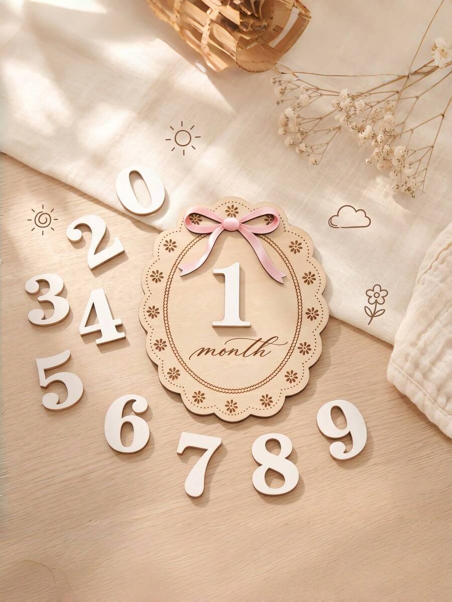 Baby Girl Monthly Milestone Marker, 8 Inch Large Wooden Disc With Pink Bow And Carved Daisy Lace Pattern, 1-12 Months Interchangeable Numbers, Double-Sided Design - Wood Color - View 1