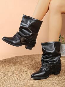 American Vintage Rivet Buckle Slouch Boots Women 2026 New Pointed Toe Chunky Heel Ruched Mid-Calf Western Boots Sexy Motorcycle Ankle Boots - Black - View 6