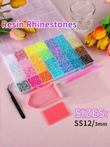 Set de 28 colores de strass, gemas de strass de resina de 3mm con parte posterior plana multicolor, adecuadas para pintura de diamantes, manualidades de libros, arte de uñas - Multicolor - Ver 2