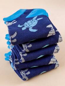 1/5 pares de calcetines cortos de corte bajo para hombre con estampado de tortuga azul marino, diseño de bloques de color de animales marinos, transpirables y absorbentes de humedad, calcetines casuales de corte bajo - Multicolor - Ver 4
