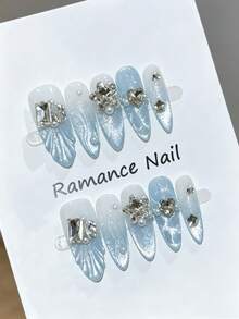 10pcs Handmade Press-On Fake Nails, Blue Cat Eye Ocean Heart Elegant Design, Long Almond Fish Tail Shape With Rhinestones, For Women - Baby Blue - View 2