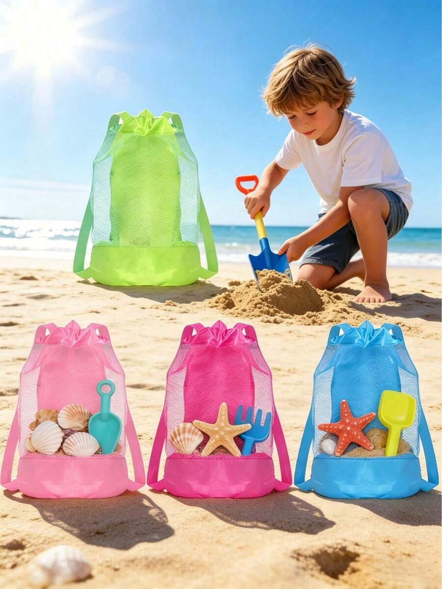 YIYIQCSJ 1 pieza Bolsa de almacenamiento de malla de gran capacidad para niños, mochila de nylon transpirable con cordón, adecuada para juguetes de playa, uso en piscina y actividades al aire libre - Multicolor - Ver 1