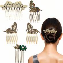 5pcs Women's Vintage Hair Combs Decor, Butterfly Flower Leaf Pearl Rhinestone Metal Hair Combs With Teeth Clips, Crystal Bridal Hair Pins, Suitable For Wedding Accessories, Daily Wear, Halloween - Multicolor - View 1