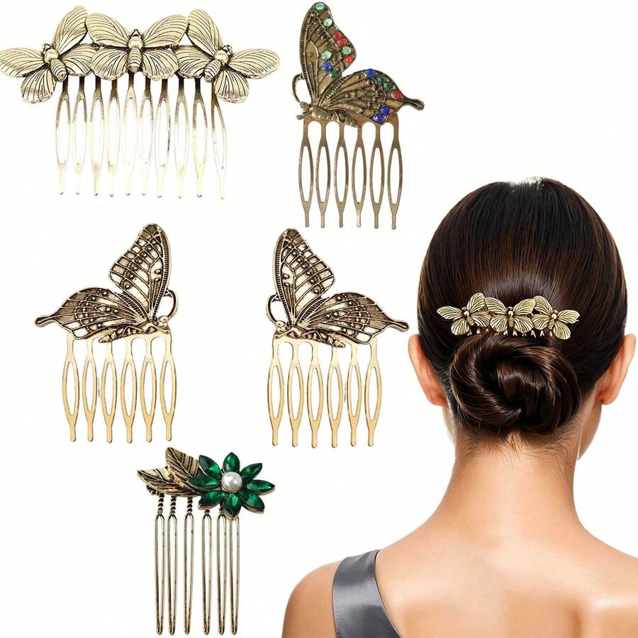 5pcs Women's Vintage Hair Combs Decor, Butterfly Flower Leaf Pearl Rhinestone Metal Hair Combs With Teeth Clips, Crystal Bridal Hair Pins, Suitable For Wedding Accessories, Daily Wear, Halloween - Multicolor - View 1