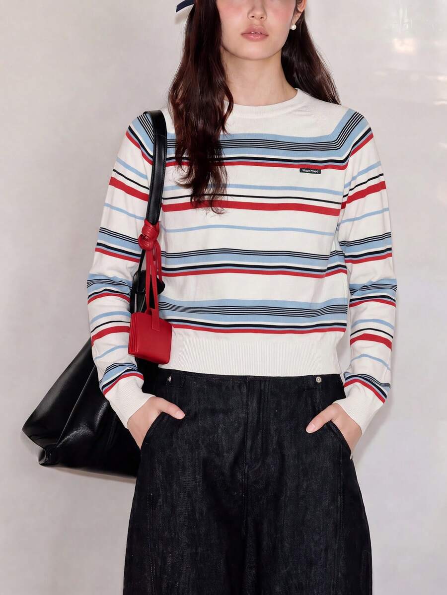 Women's Autumn/Winter Minimalist Casual Colorful Striped Crew Neck Pullover Sweater Knit Top White Fall - White - View 1