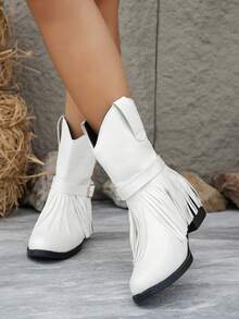 Women's Buckle Design Tassel Decor Pointed Toe Chunky Heel Western Boots Autumn/Winter New White Faux Leather Ankle Boots - White - View 4