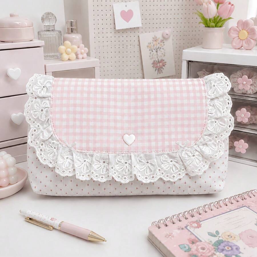 Cute Lace Pencil Case, Korean Style Pink Plaid Polka Dot Pencil Bag With Bow And Heart Decoration, Aesthetic Back To School Stati, First Day Of School