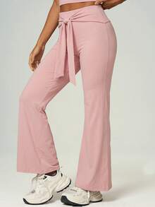 UONNOU Women Wrap Tie High Waist Flare Leg Workout Pants Slim Fit Yoga Trousers - Pink - View 5