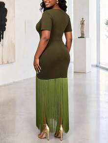 Gaun Bodycon Panjang Sedang AOMEI Wanita Elegan Warna Hijau Zaitun dengan Rumbai, Potongan Bahu Terbuka, Lengan Pendek, dan Belahan di Bagian Bawah, Gaun Pesta Malam untuk Prom - Olive Green - View 2
