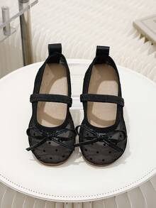 1 Pair Black Girls Sweet Polka Dot Mesh Bow Round Toe Mary Jane Flat Shoes, Suitable For Dress, Birthday, Performance, 2026 New Style - Black - View 2