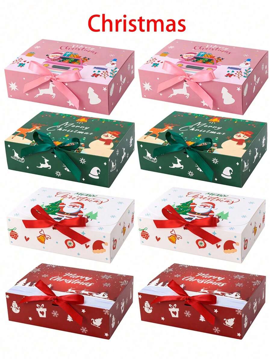 4pcs/1pc Christmas Cardboard Gift Box, Christmas Cake Box With Bow Flip Top Packaging, Party Holiday Gift Box, Large Luxury Sturdy Foldable Paper Box, Christmas Party Gift Supplies, Exquisite Gift Box - Multicolor - View 1