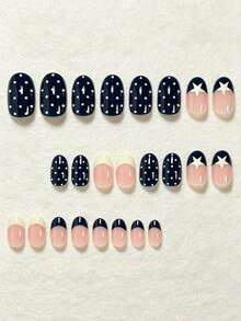 24 Peças Unhas Postiças Ovais Clássicas Elegantes Creme Amarelo & Azul Céu Contraste de Cor Estrela Poá Listras Francesas Brilhantes Brancas-Realçadoras Unhas Postiças Versáteis da Moda Adequadas para Encontros Festas Primavera Verão Mulheres e Meninas Outono Inverno Uso Diário Conjunto de Unhas Postiças Removíveis com Cola de Gelatina e Lixa de Unha Fácil de Usar e Durável Cola de Gelatina Enviada Aleatoriamente - Multicolorido - Visão 3