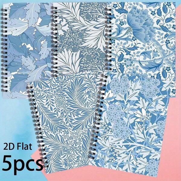 Juego de 5 cuadernos espirales A5 premium, perfecto para tareas diarias de oficina, con un elegante diseño floral azul y blanco, ideal para cualquier celebración, temporada de regreso a clases, útiles escolares