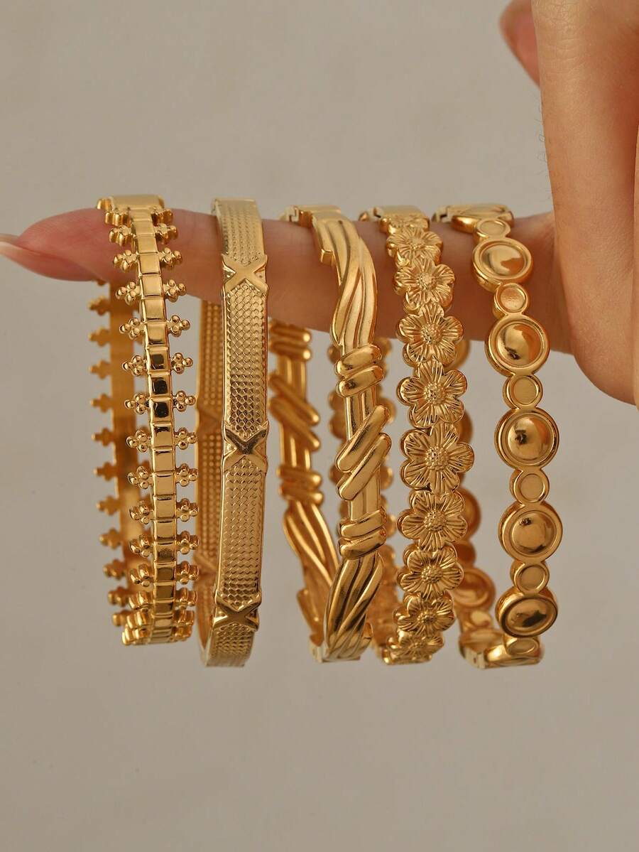 1pc Fashion Stainless Steel Chain Flower Bracelet, Unique Niche Design, Suitable For Daily Wear And Party Events - Gold - View 1