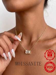 S925 Sterling Silver 14K Gold Plated Emerald Cut Moissanite Necklace, Exquisite Rectangular Pendant Collarbone Necklace, Elegant Wedding Anniversary Birthday Jewelry Gift For Bride And Girlfriend - Style a - White - View 13