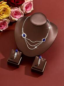 Luxury Elegant Water Drop Earrings & Necklace Set, Evening Gown Light Luxury Accessories, Suitable For Wedding, Bridesmaid, Banquet, Party Jewelry - 1884 Blue-hB - View 3