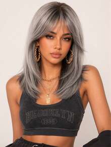 Topshe Ava WIGS 18英吋黑棕色長層次瀏海假髮，柔軟易打理合成纖維髮，適合女性日常配戴、上班、度假，亦適合作為萬聖節、聖誕節女性禮物 - 灰色 - 查看 2